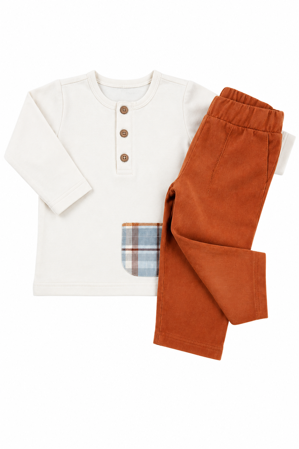 Completo 2 pezzi : Maglia in cotone elasticizzato garzato con tasca + pantalone in velluto a coste