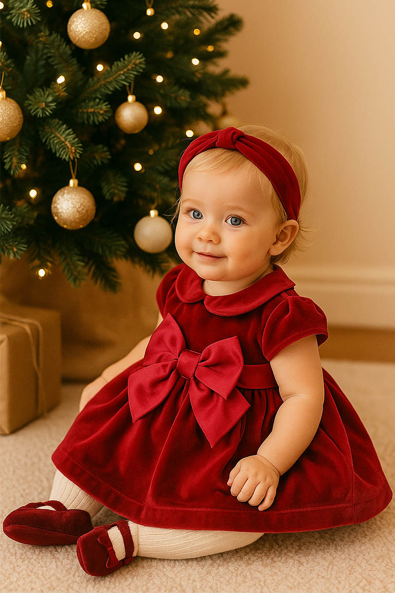 Vestitino in velluto con colletto e bordi maniche in raso