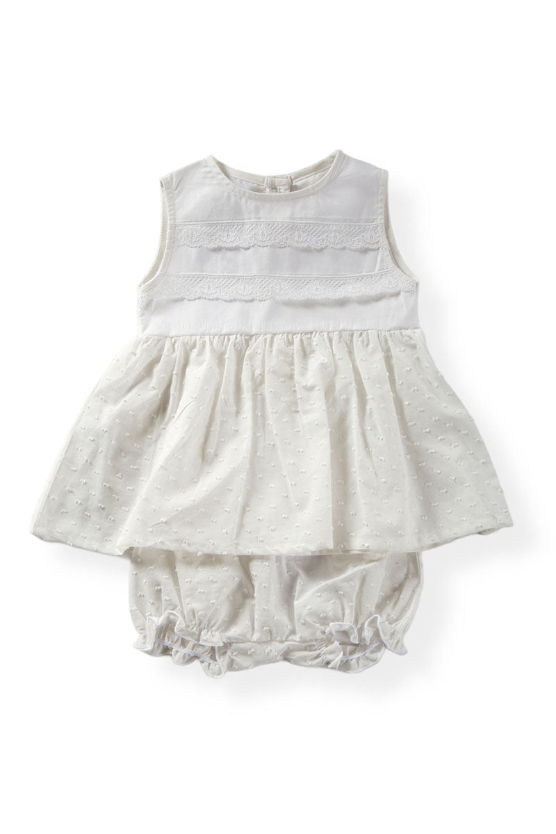 Completo 2 pezzi in tela di cotone con pizzo applicato, inserto in tela di cotone plumetis