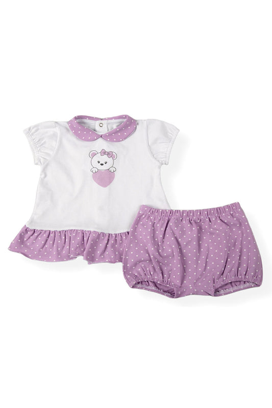 Completo 2 pezzi mezza manica in cotone elasticizzato con inserti e balza arricciata in contrasto fantasia pois