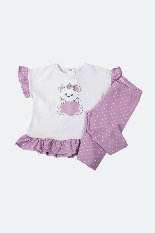 Completo 2 pezzi in cotone elasticizzato con stampa rouches e balza + leggings a pinocchietto fantasia a pois