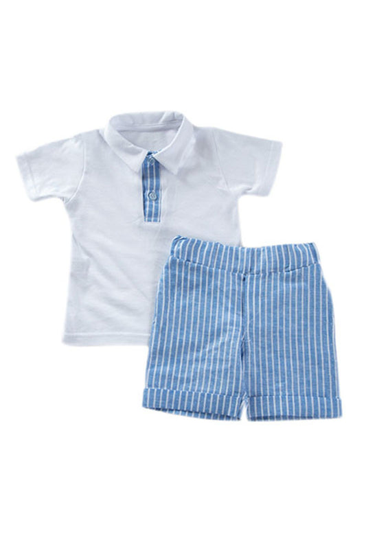 Completo 2 pezzi : Polo in cotone con fenda rigata + Bermuda in tela effetto lino rigato con risvolto sul fondo
