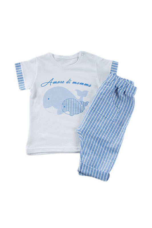 Completo in cotone con stampa e inserti su maniche rigati + Pantalone modello cavallo basso con tascone