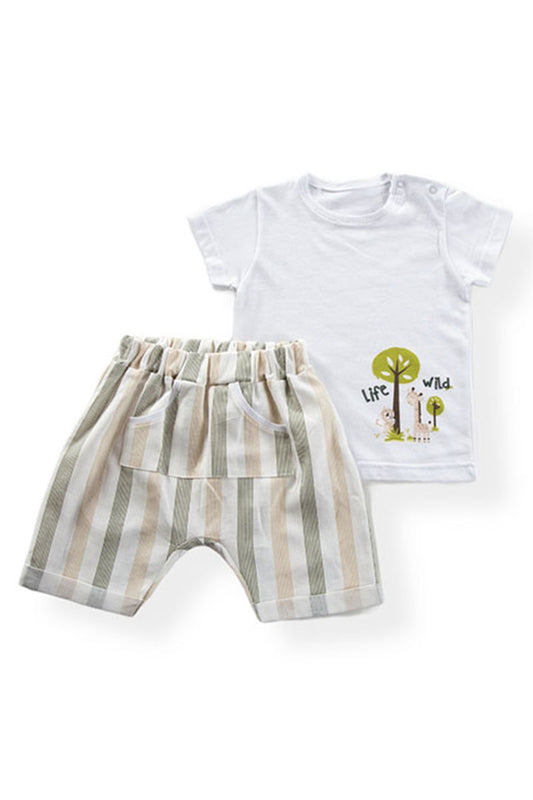 Completo 2 pezzi : Maglia in cotone con stampa + Bermuda in tessuto effetto lino rigato modello cavallo basso con tascone