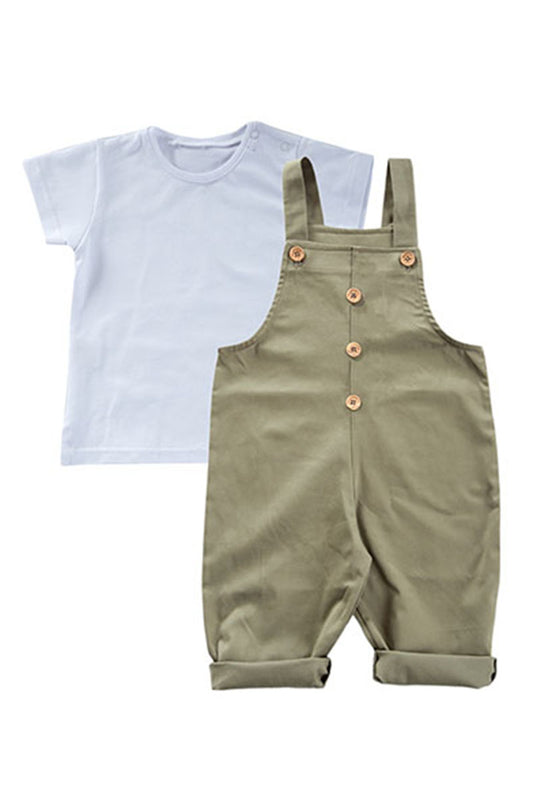 Completo 2 pezzi: Maglia in cotone con Salopette in tessuto e bottoni effetto legno