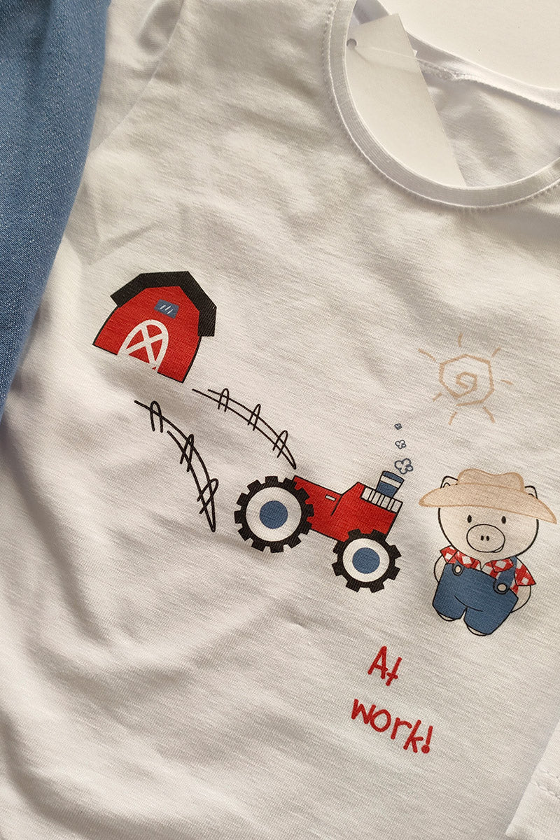 Completo: Maglia manica lunga in cotone elasticizzato con stampa e Pantalone in tessuto effetto jeans elasticizzato modello cavallo basso con tasche, tagli e profili in contrasto