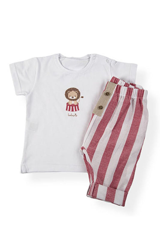 Completo 2 pz: T-shirt in cotone elasticizzato con stampa e Pantalone modello cavallo basso con applicazione in nastro juta e bottoni