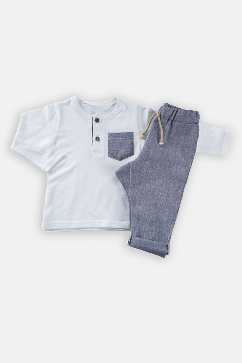 Completo 2 pezzi : Maglia in cotone con fenda, taschino in contrasto in tessuto effetto lino + Pantalone modello cavallo basso con tasche e finta coulisse in corda