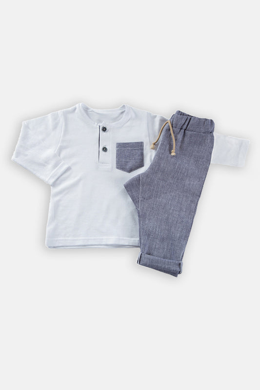 Completo 2 pezzi : Maglia in cotone con fenda, taschino in contrasto in tessuto effetto lino + Pantalone modello cavallo basso con tasche e finta coulisse in corda