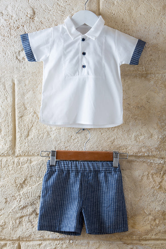 Completo 2 Pz : Camicia in tela di cotone con taglio quadro ed abbottonatura - inserti fondo manica in  contrasto e bermuda in tela effetto lino rigato