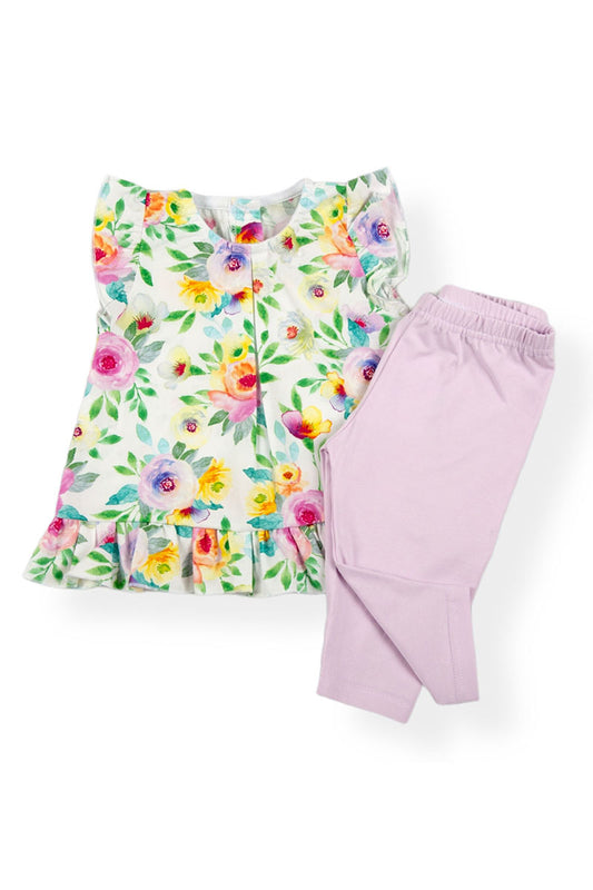 Completo 2 pezzi: blusa in tela di cotone organico fantasia foreale con balza sul fondo Leggings pinocchietto in cotone elasticizzato