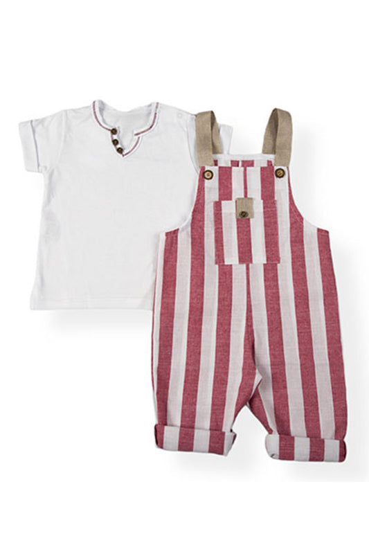 Completo 2 pz: T-shirt in cotone con scollo a “v” - profili in contrasto e bottoncini e Salopette in tela effetto lino rigato con tascone e bretelle in juta