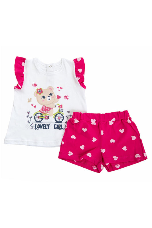Completo 2 pezzi in cotone con maniche ad aletta, stampa e pantaloncino in cotone elasticizzato fantasia cuori