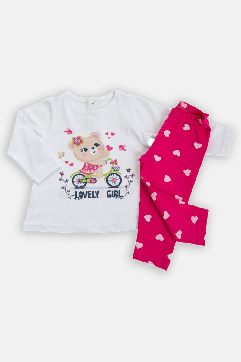 Completo manica lunga in cotone elasticizzato con stampa e leggings con fantasia cuori