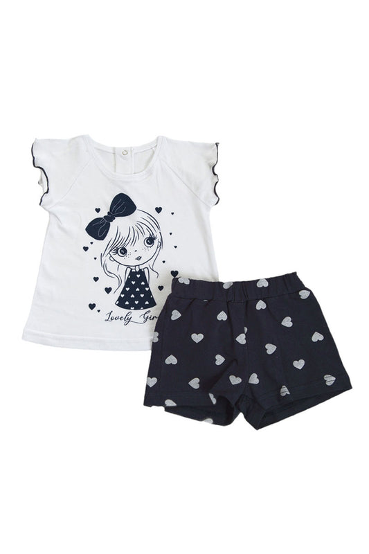 Completo 2 pezzi: t-shirt mezza manica in cotone con stampa, maniche raglan con profilo in contrasto e pantaloncino in cotone elasticizzato fantasia cuori