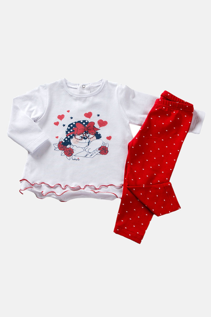 Completo manica lunga in cotone elasticizzato con stampa, rouches sul fondo e leggings in contrasto con fantasia cuori