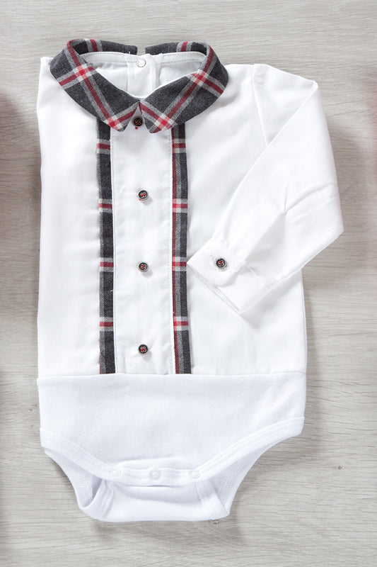Body a camicia in cotone con colletto a profili in contrasto in flanella a quadri e bottoncini applicati