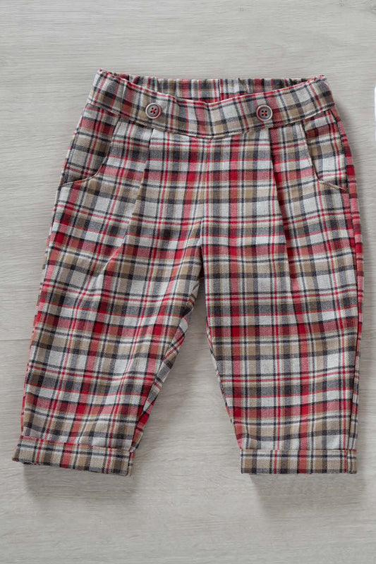Pantalone in flanella scozzese con pence e bottoni in contrasto