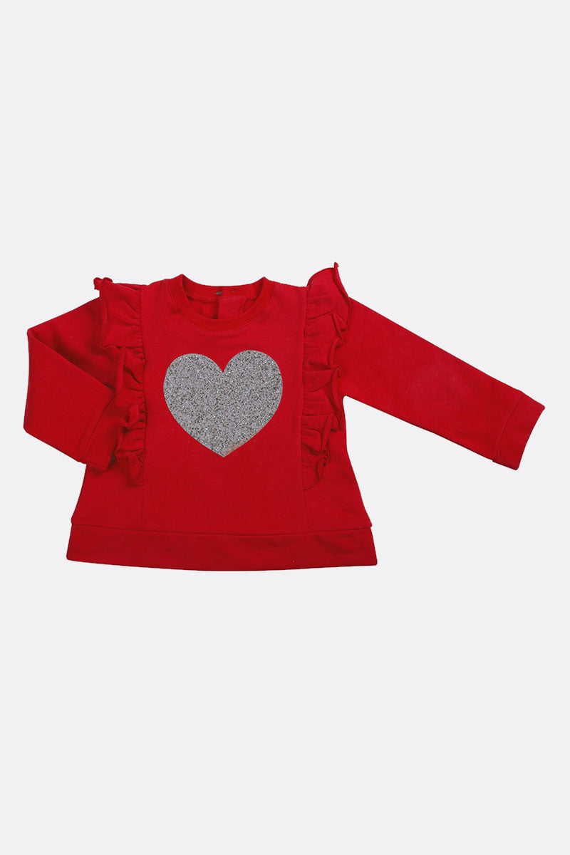 Maglia in felpa garzata con stampa cuore effetto glitter e balze