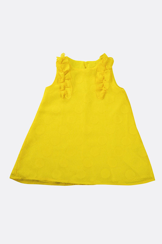 Vestitino smanicato in tela di cotone a fantasia cerchi grande e rousches
