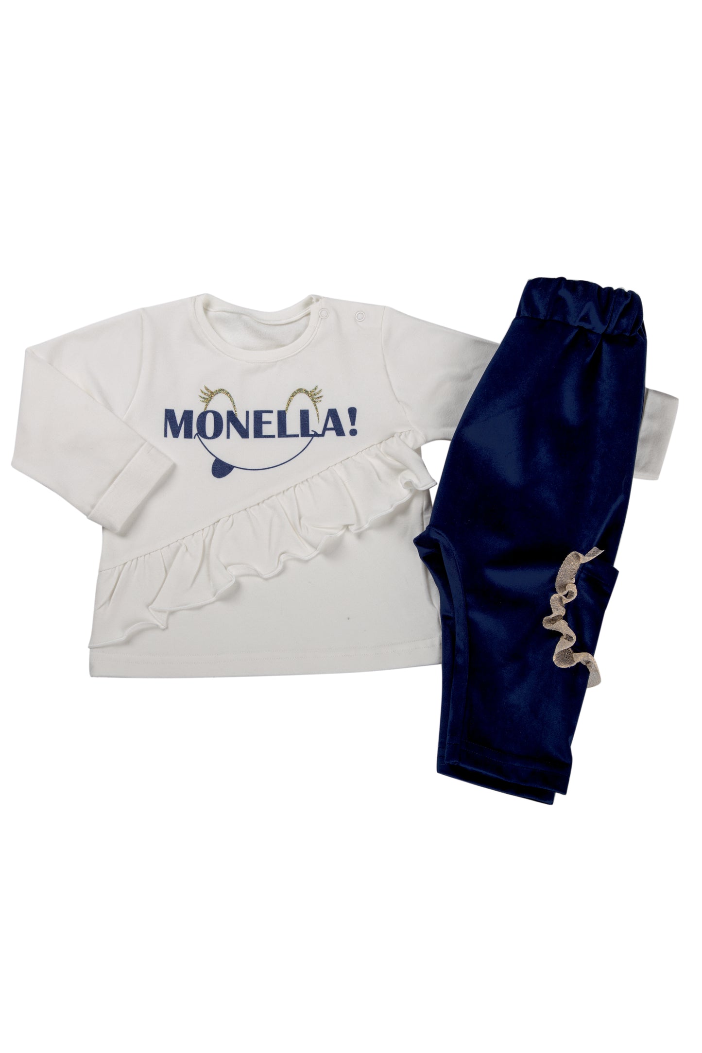 Completo 2 pezzi : Maglia in cotone elasticizzato garzato con stampa + pantalone in velluto