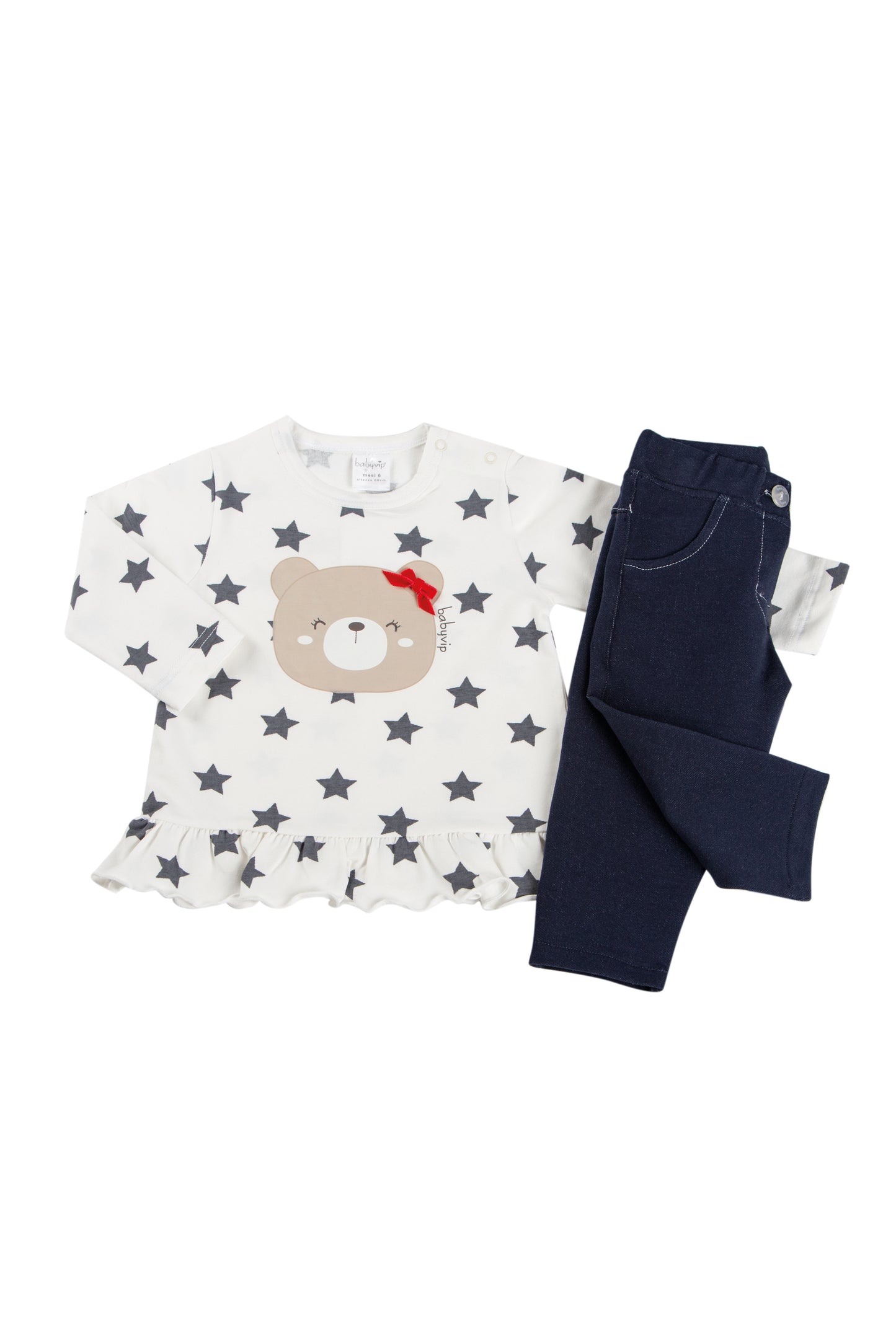 Completo 2 pezzi: Maglia in cotone elasticizzato garzato con stampa orsetta + pantalone effetto jeans