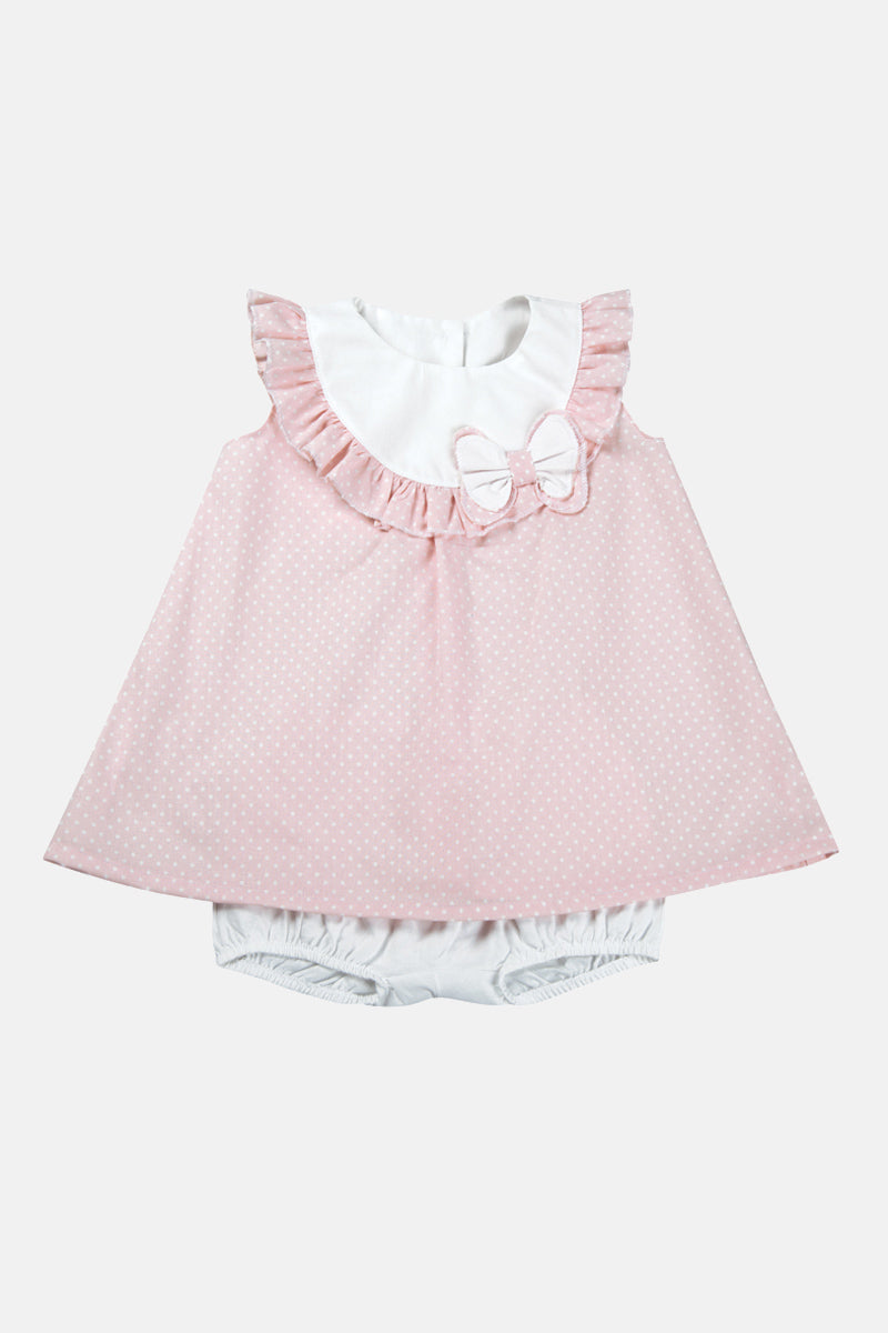 Vestitino in tela di cotone a pois con taglio carre' e rouches + mutandina