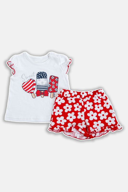 Completo 2 pezzi : T-shirt mezza manica in cotone con stampa, maniche a palloncino con profilo in contrasto + pantaloncino fantasia floeale con rouches sul fondo