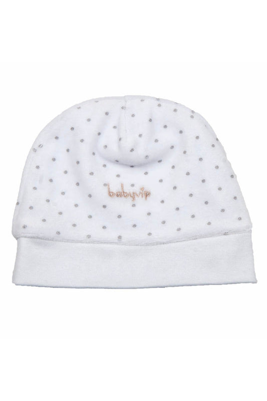 Cappellino in ciniglia a pois con ricamo