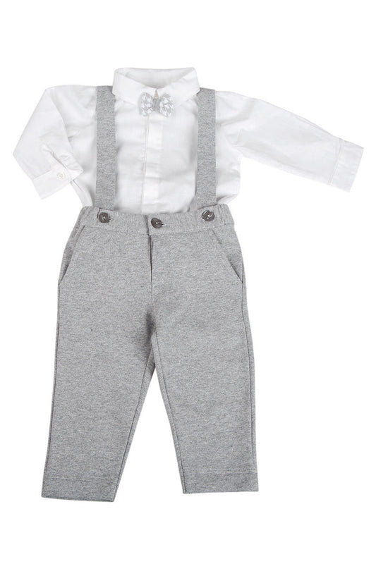 Completo: camicia a body con papillon + pantalone con bretelle in felpa garzata