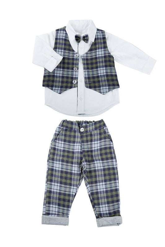 Completo: camicia manica lunga in cotone con gilet e papillon + pantalone in flanella scozzese