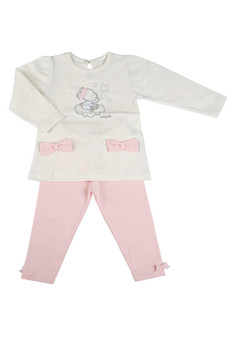 Completo in cotone elasticizzato garzato con ricamo e fiocchi applicati