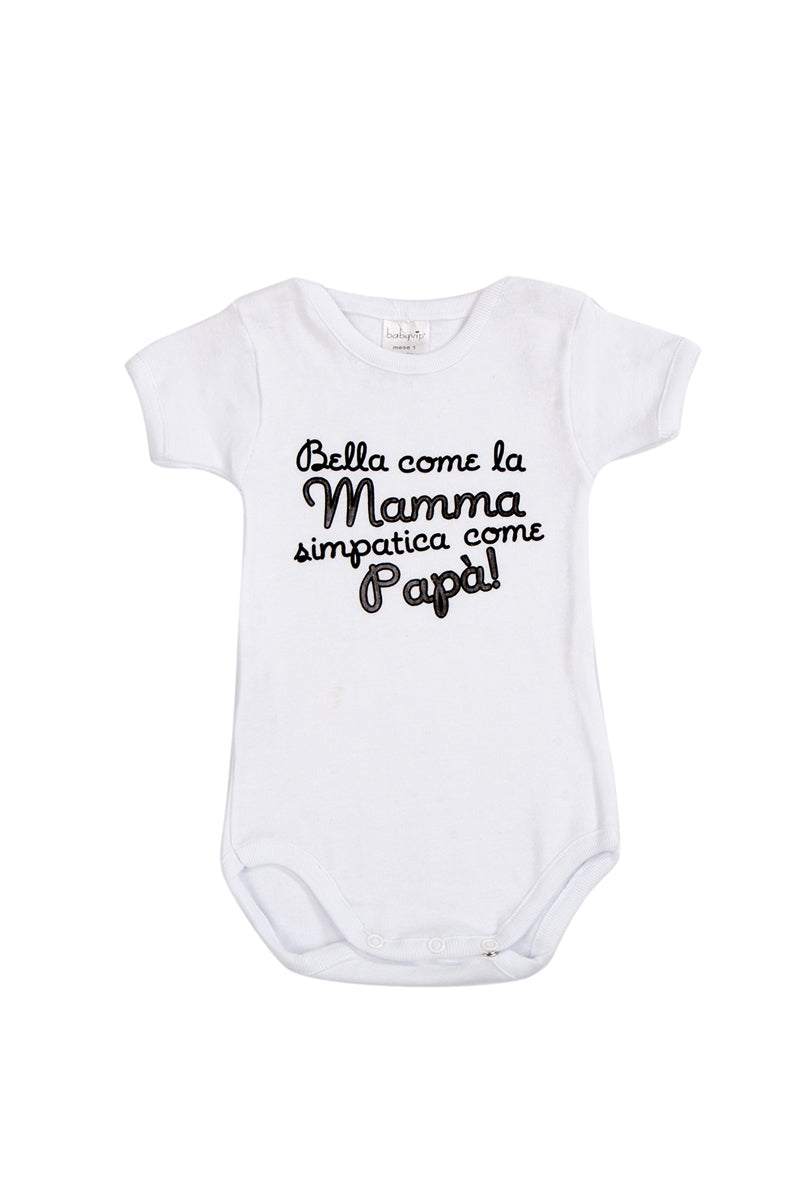 Body mezza manica in cotone con stampa "Bella come la mamma simpatica come il papà!"