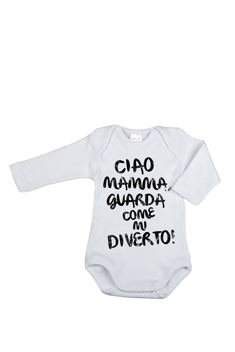 Body manica lunga con stampa "Ciao Mamma, guarda come mi diverto!"