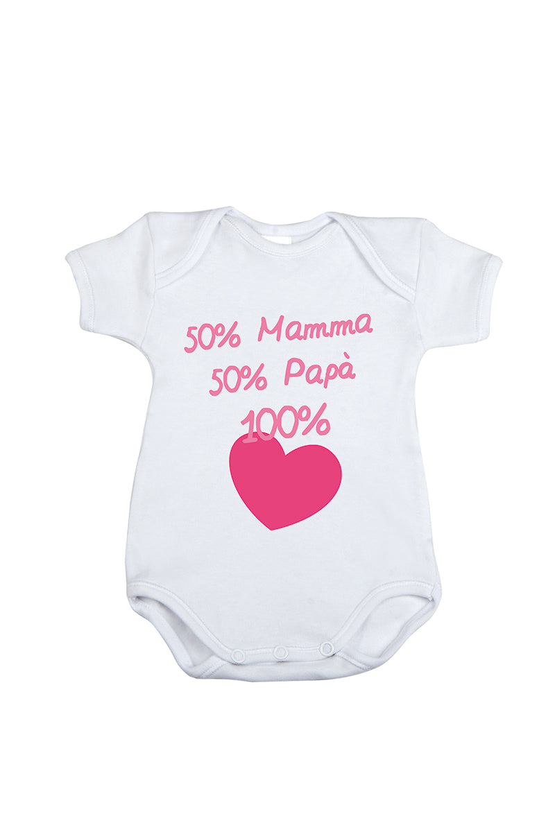 Body mezza manica in cotone con stampa "50% Mamma 50% Papà 100% Cuore