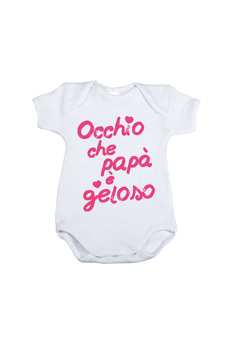 Body mezza manica in cotone con stampa "Occhio che papà è geloso"