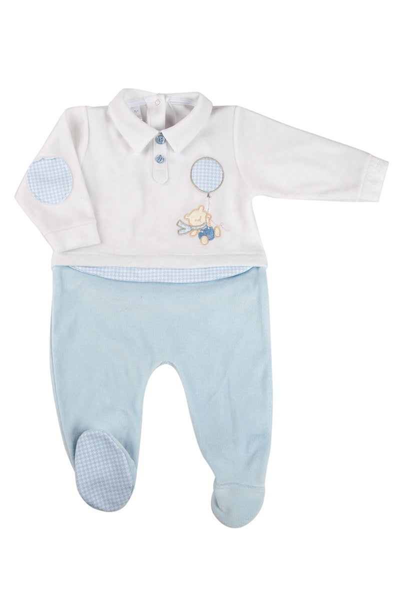 Tutina in ciniglia con ricamo ed inserti pied de poule