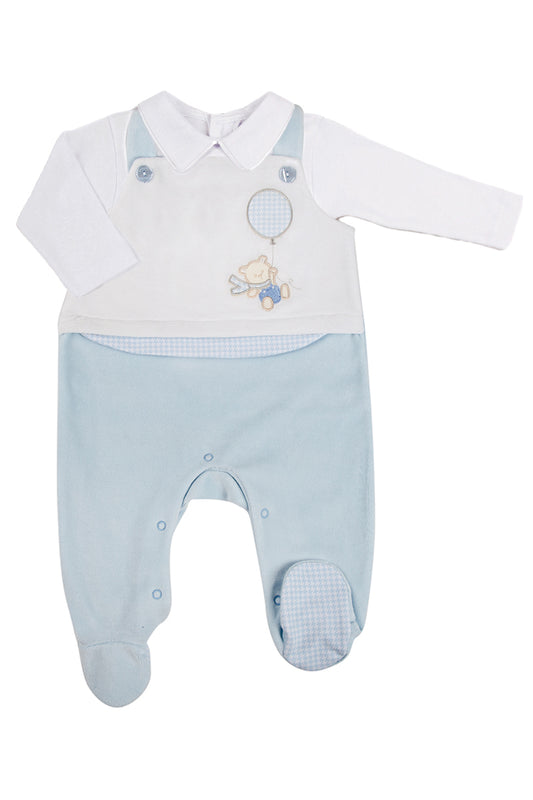 Salopette in ciniglia con ricamo ed inserti in pied de poule + body in caldo cotone