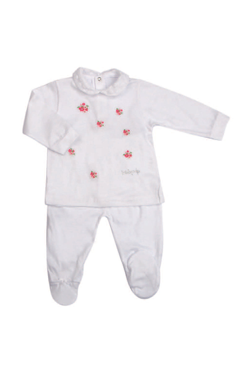 Completo 2 pezzi in jersey con ricamo a fiori ed inserti in pizzo con strass