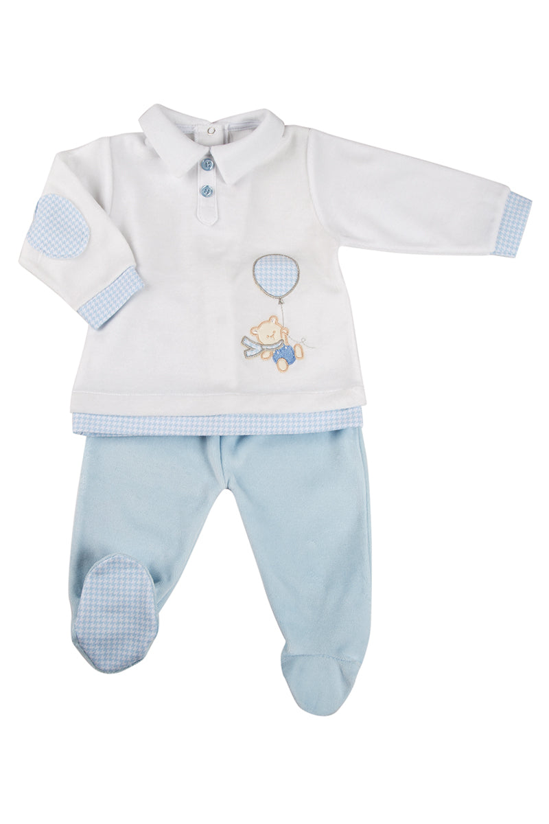 Completo 2 pezzi in ciniglia con ricamo ed inserti pied de poule