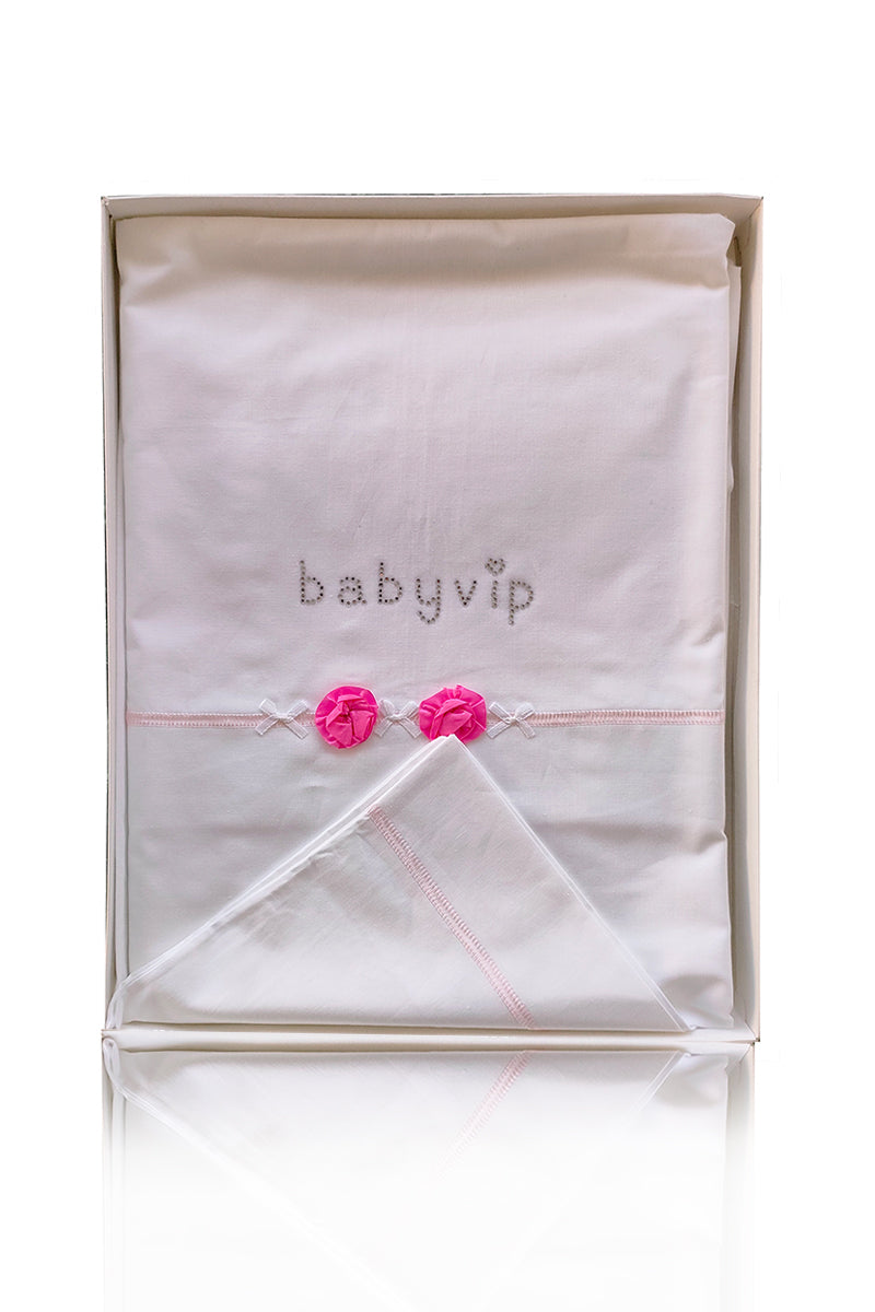 Set lenzuola 3 pezzi per carrozzina e culletta con rose, fiocchi e strass