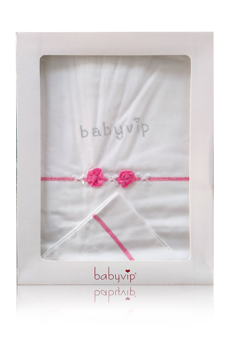 Set lenzuola 3 pezzi per carrozzina e culletta con rose, fiocchi e strass
