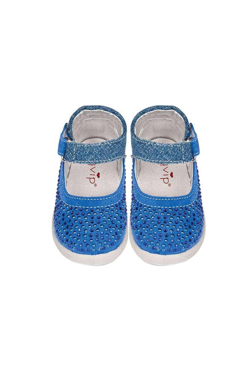Scarpina azzurra con chiusura in velcro e strass