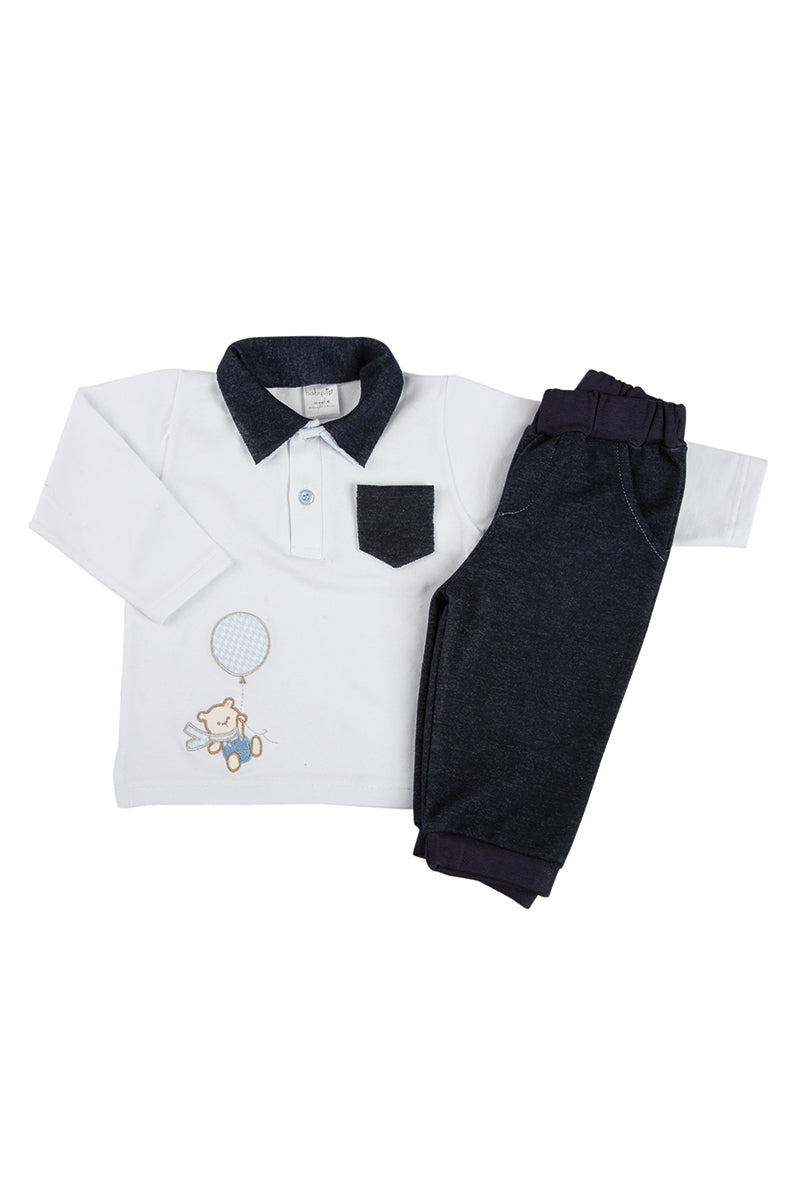 Completo: polo in bielastico garzato con inserti in tessuto jeans + pantalone in tessuto jeans