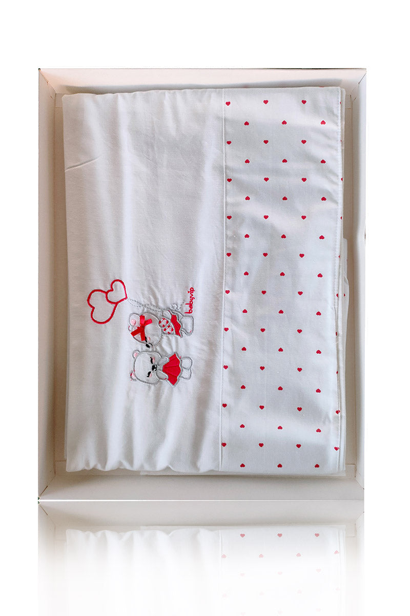 Set lenzuola 3 pezzi per carrozzina e culletta con ricamo orsetti e all over cuori