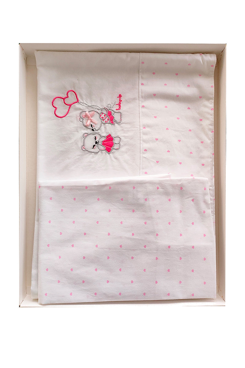 Set lenzuola 3 pezzi per carrozzina e culletta con ricamo orsetti e all over cuori