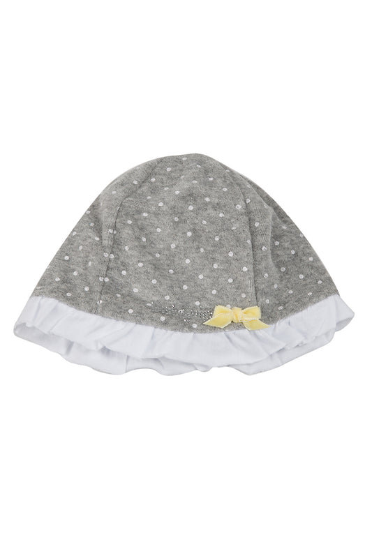 Cappellino in ciniglia a pois con rouches e nodino in velluto