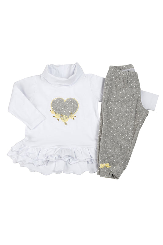 Completo: maglia a lupetto in bielastico garzato con ricamo cuore e balze + pantalone in ciniglia a pois