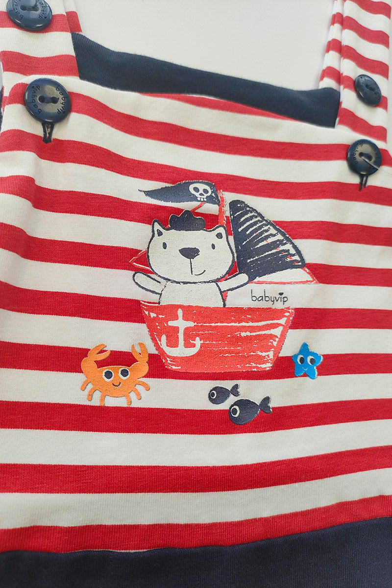 Salopette in cotone rigato con stampa