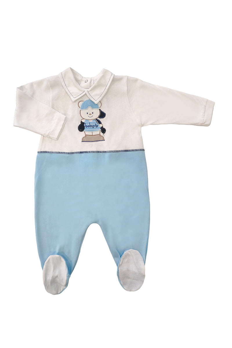 Tutina in cotone con inserto in contrasto e ricamo